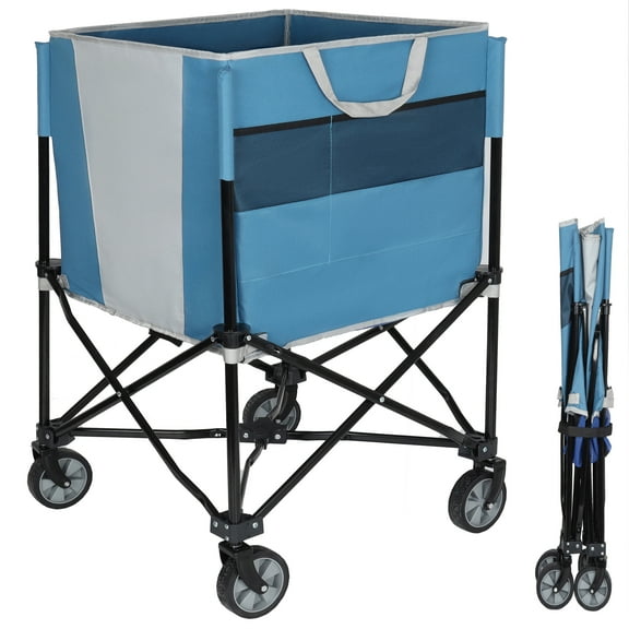 【LuckyNote】Volleyball Ball Cart Sports Equipment Organizer Foldable Rolling Lockable X-Shaped Frame Washable Fabric Blue Gray