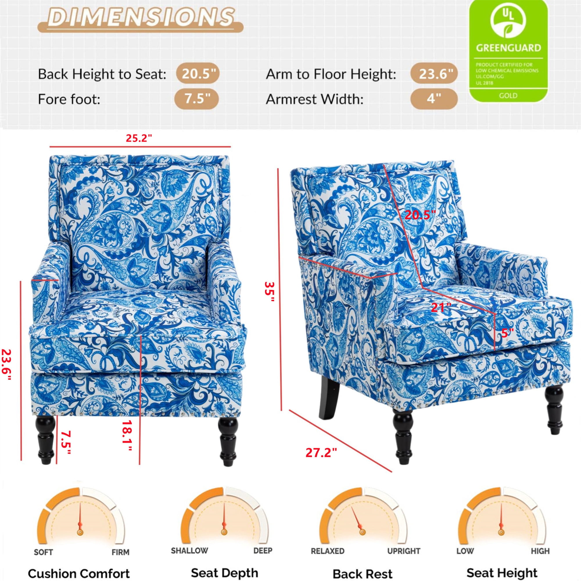 Aukfa Accent Chair Mid-Century Modern High Back Armchair Lounge for Living Room, Rivet Trim, Blue-and-White Porcelain Pattern