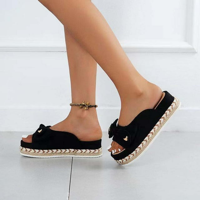 CEHVOM Women's Summer Flat-shaped Hemp Rope Platform Shoes Bow Slippers