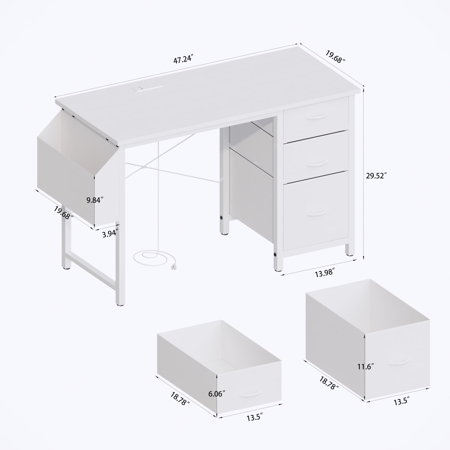 47" Office Desk with Power Outlet, 3 Drawers, Side Pocket, & Reversible Design