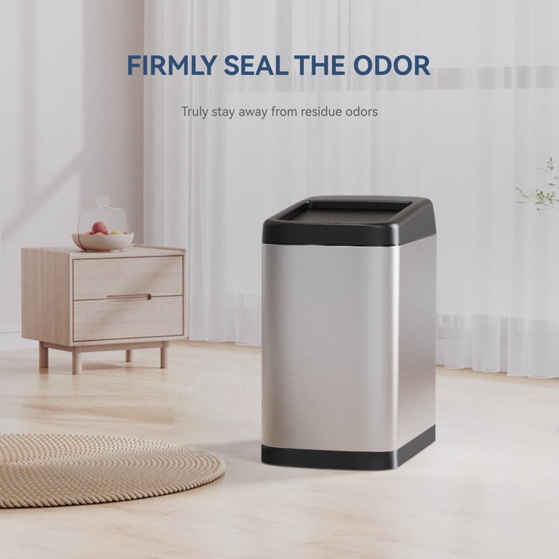 AUKTOPT 13 Gallon Motion Sensor Trash Can, Stainless Steel Automatic Garbage Bin with Sliding Row Up Lid, Touchless Hands-Free Soft-Close, Silver