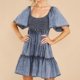 thumbnail image 4 of Moda para mujer Verano Color sólido Casual Cintura alta Manga corta Elasticidad Fruncido Vestido suelto Falda corta de mezclilla Pompotops  qwe13819, 4 of 9