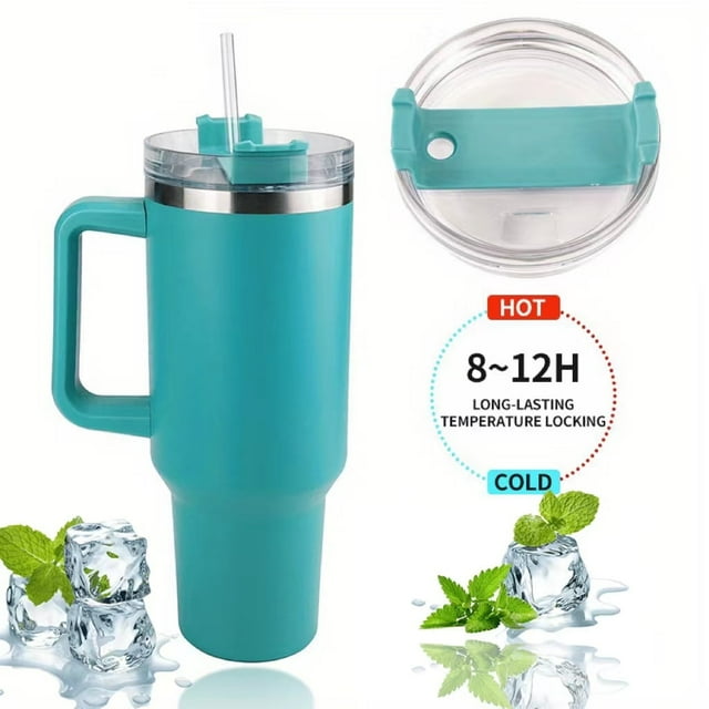 Bouteille d'Eau 2024 Dernière Tendance 40oz Grande Capacité avec Poignée et Couvercle à Paille, Bouteilles d'Eau Isolées Réutilisables en Acier Inoxydable Tasse de Voyage Tasse à Café-Vert Lac
