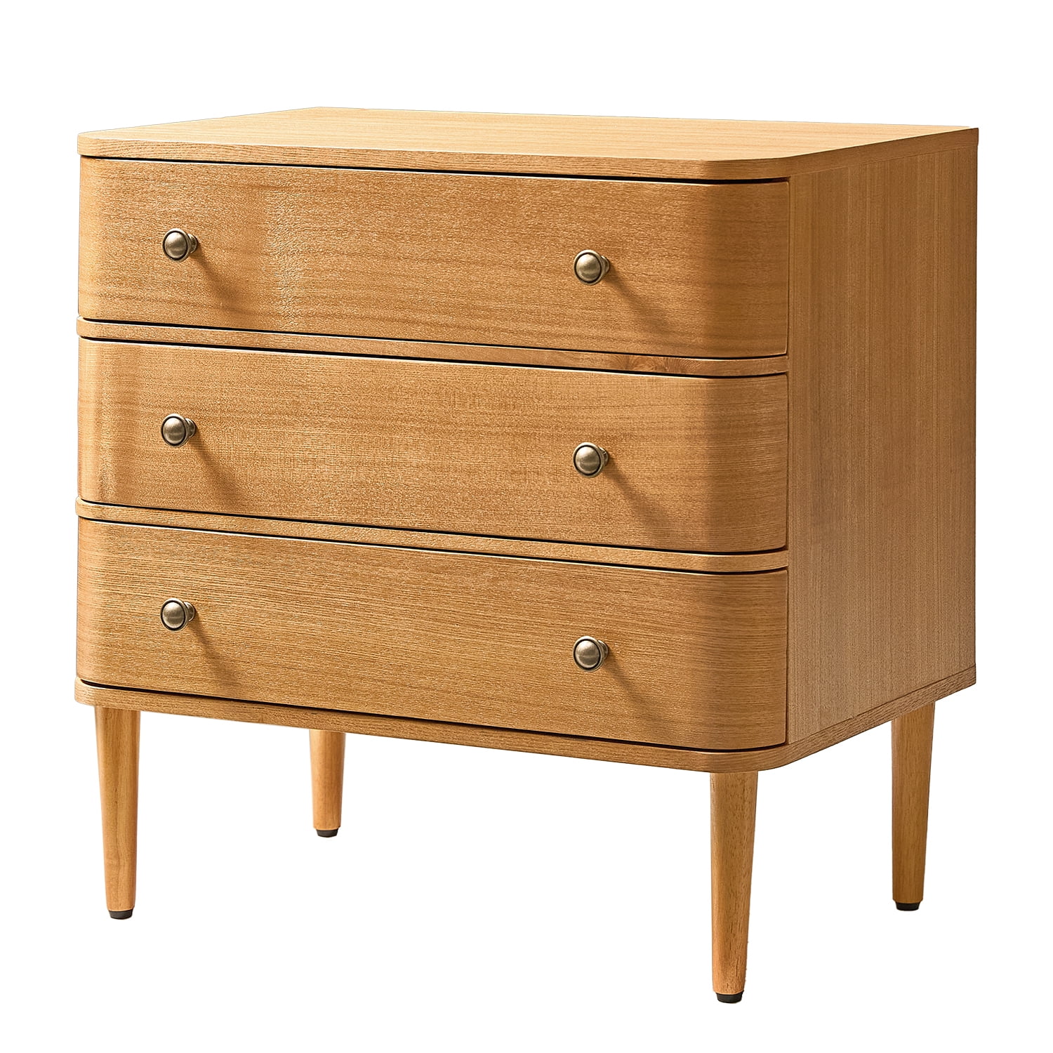 26" Modern 3 Drawers End Table Curved Table with Charging Station for Living Room Oak