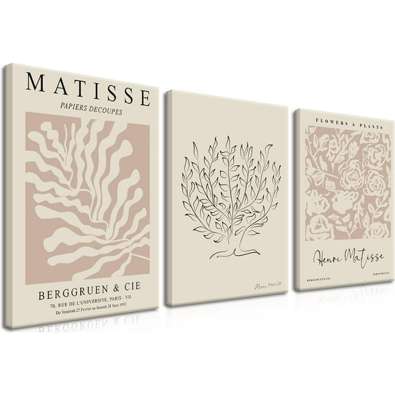 Hieng Matisse Aesthetic Canvas Wall Art, Abstract Henri Matisse Beige Neutral Wall Home Decor Boho Flower Abstract Poster Prints, for Living Room Bedroom(Only canvas)