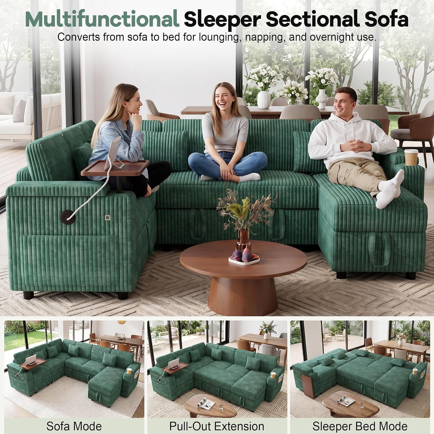 Howcool 100" Oversized Sleeper Sectional Sofa with Pull-Out Bed,U-Shape Corduroy Modular Sofa Couch with USB Ports & Storage,Green