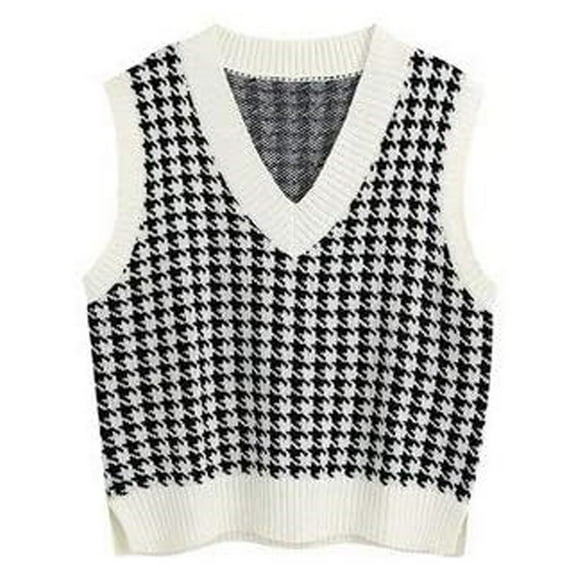 Fshiont Women Houndstooth Pattern Knit Sweater Vest Sleeveless Loose V-Neck 90s Waistcoat Pullover Knitwear Top Beige XL