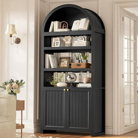 81" Tall Arched Bookshelf, Kitchen Pantry Storage Cabinet, 6-Tier Bookcase with 2 Doors for Living Room, Kitchen, Home Office, Black