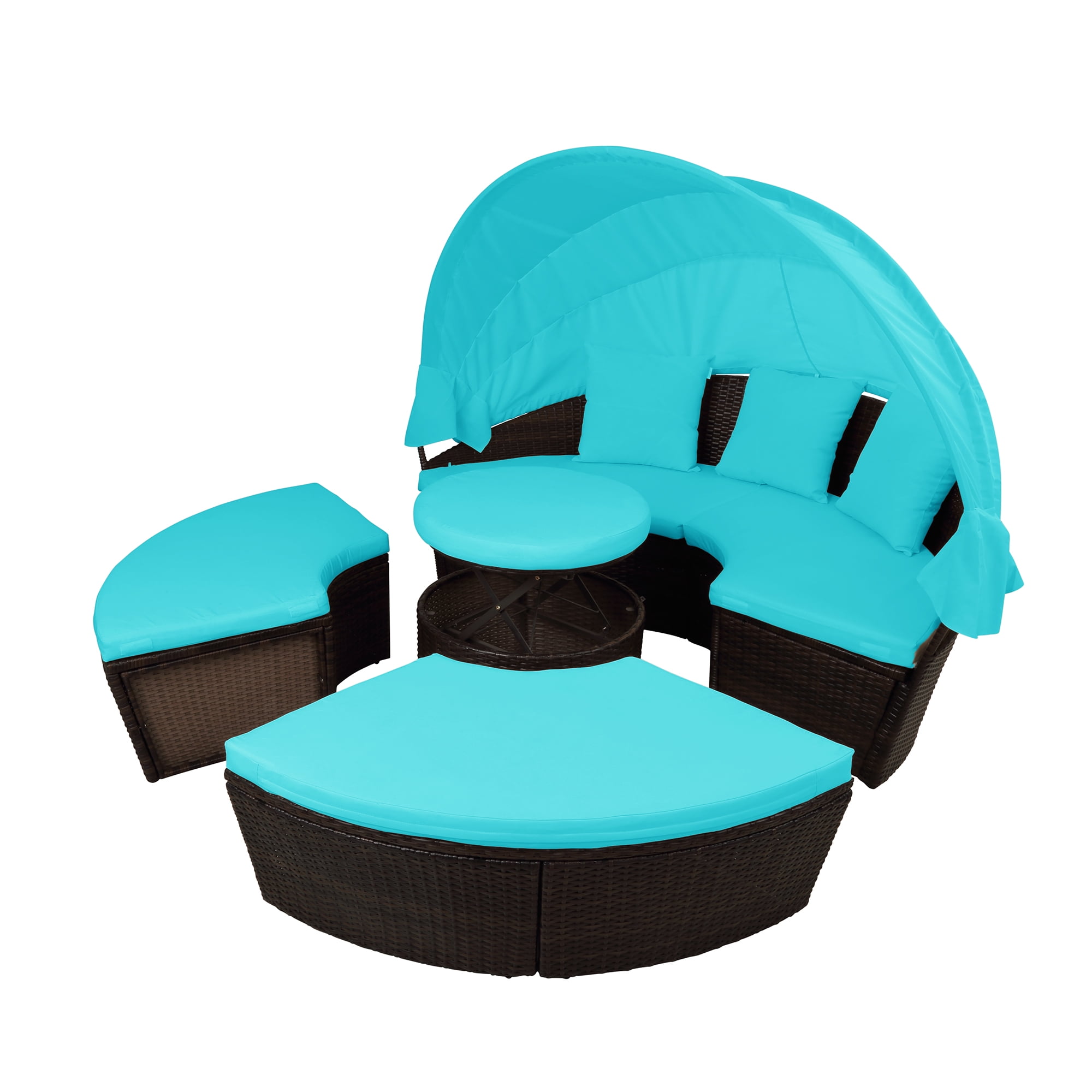 Outdoor Patio Daybed, BTMWAY PE Wicker Round Outdoor Furniture Set with Retractable Canopy