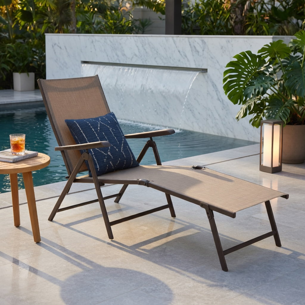 Hommoo 2-Pack Foldable Chaise Lounge Chair with 5-Position Reclining Backrest & 2-Position Adjustable Footrest, Steel Frame Outdoor Patio Lounger, Brown