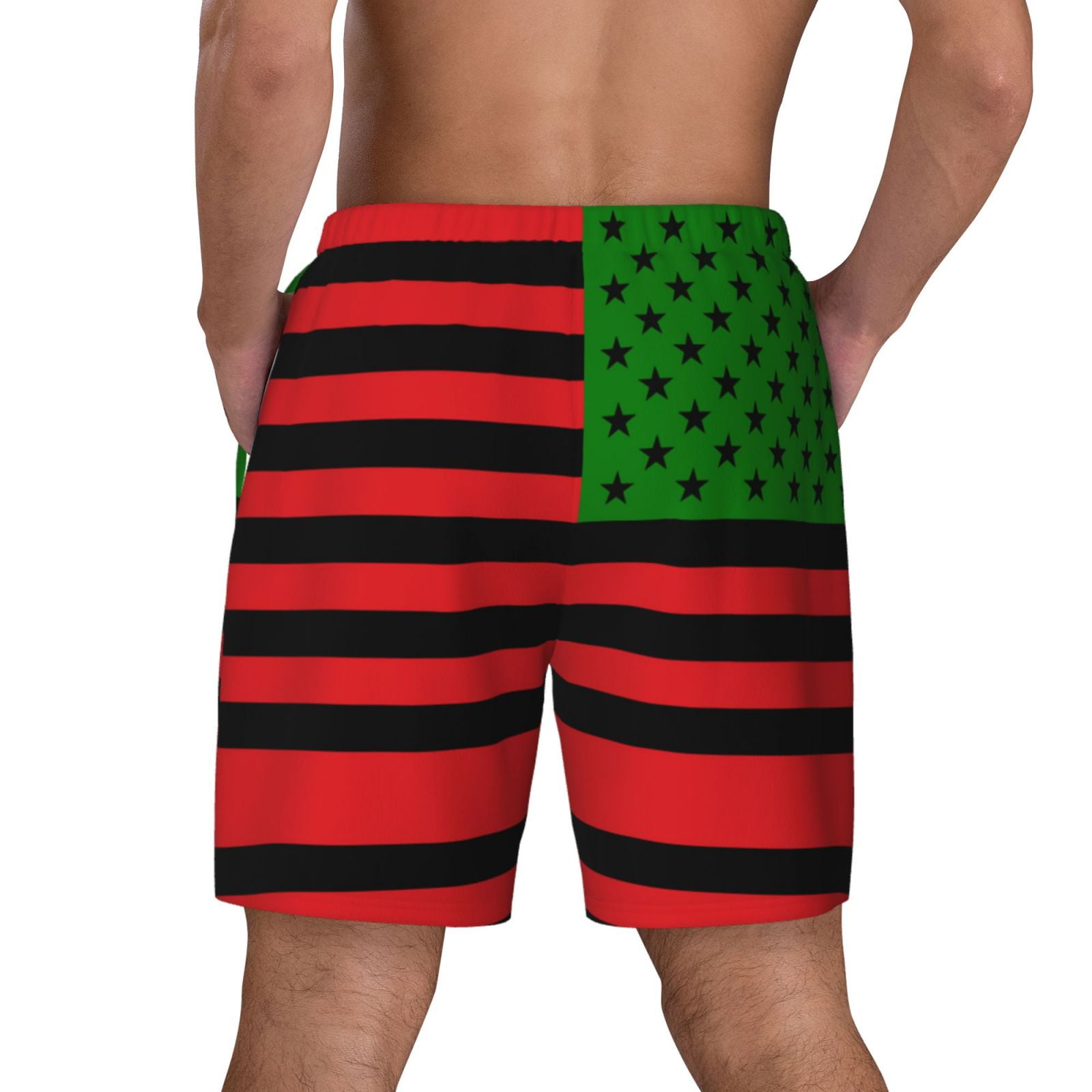 Men's America Flag - Red Black And Green Swim Trunks with Compression Liner Bathing Suit Swimwear