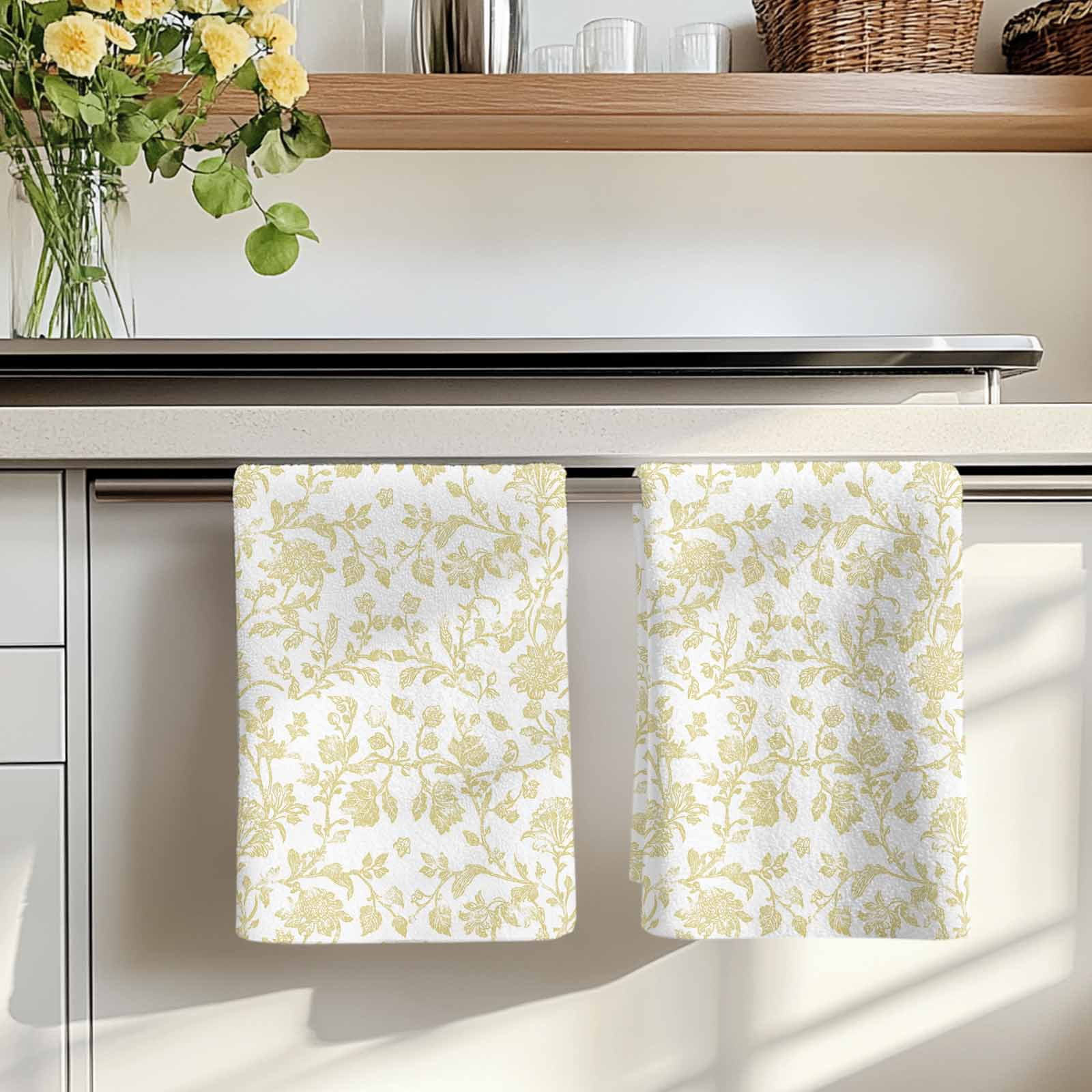 Dish Towels, Yellow Pastoral Flower Absorbent Kitchen Towels 2 PCS, Farmhouse Floral Microfiber Hand Towels Dish Cloths Tea Towels for Home&nbsp;Bathroom Cleaning Drying,18X28-Inch,