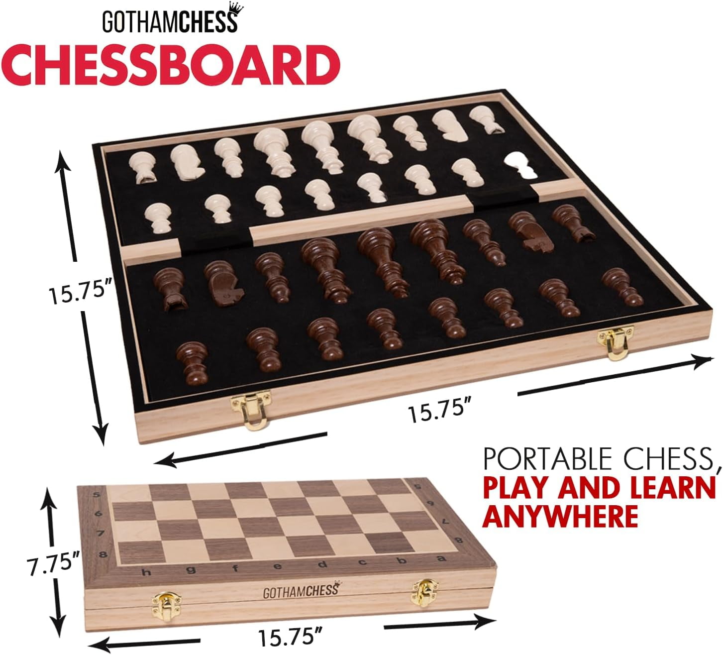 GothamChess, Chess Game board , Premium Wooden Finish Folding Board with Magnetic Pieces, Brown