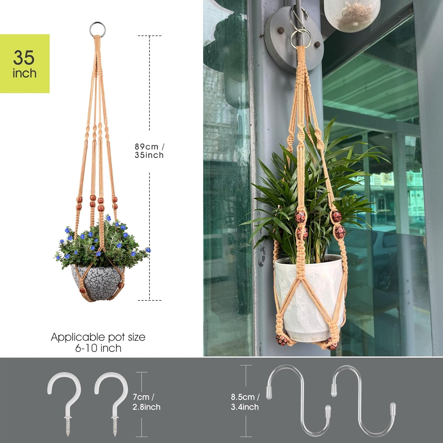 Macrame Plant Hanger for 5 to 10 Inch Plant Pots, 35 Inch Woven Rope Hanger Kits with Hooks and Wood Beads, Hanging Planter Basket for Indoor Boho Home Decor (Brown, 3 Pack)