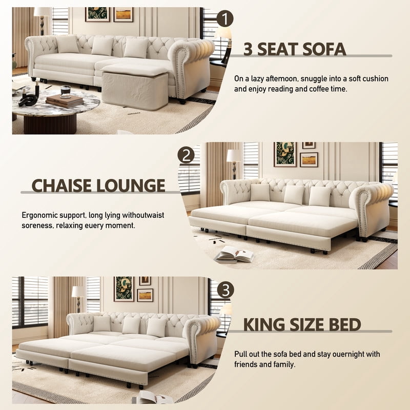 3-in-1 Pull-Out Sofa Bed, 89'' Chesterfield Sofa, Convertible Sleeper Sofa Bed, King Size Sofa Bed, Chaise Lounge, Tufted Design Velvet 3-Seater Sofa with Movable Ottoman