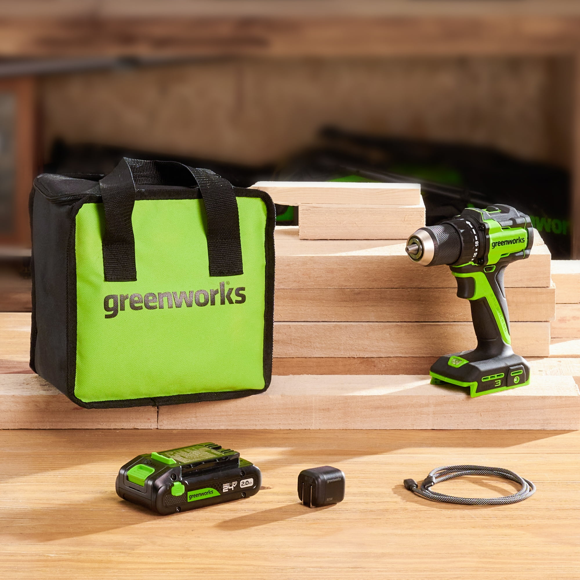 Greenworks 24V Cordless Brushless 400 in-lbs Drill/Driver, Lightweight, LED Work Light,18+1 Clutch, 2.0Ah USB-C Battery,12000mAh Power Bank,30W USB-C Charger and USB C to USB C Cable(3.3FT)