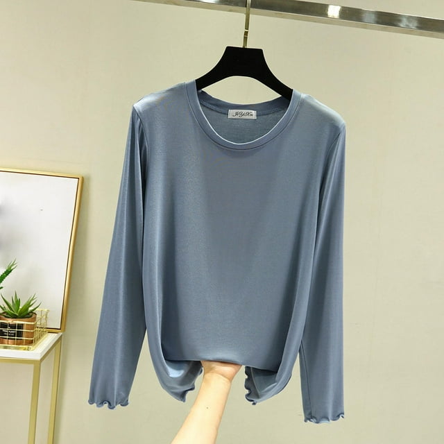 Timegard Hauts d'Automne pour Femmes Pyjamas Col Rond Manches Longues Vêtements de Nuit Décontractés Amples Confortables Hauts de Pjs Couleur Unie