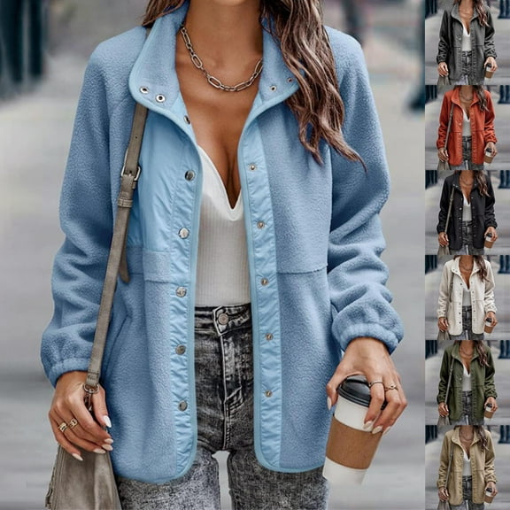 Juebong Womens Coat Casual Snap Button Fleece Jacket Long Sleeve Oversized Fuzzy Outerwear Warm Winter Outwear with Pockets Army Green,XL