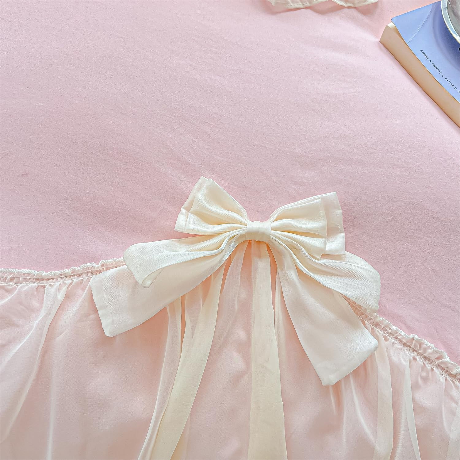 MOOWOO Ruffled Bedding Bow Duvet Cover Set with Butterfly Tie, Soft Brushed Microfiber Shabby Chic Bedding Set with Zipper Closure