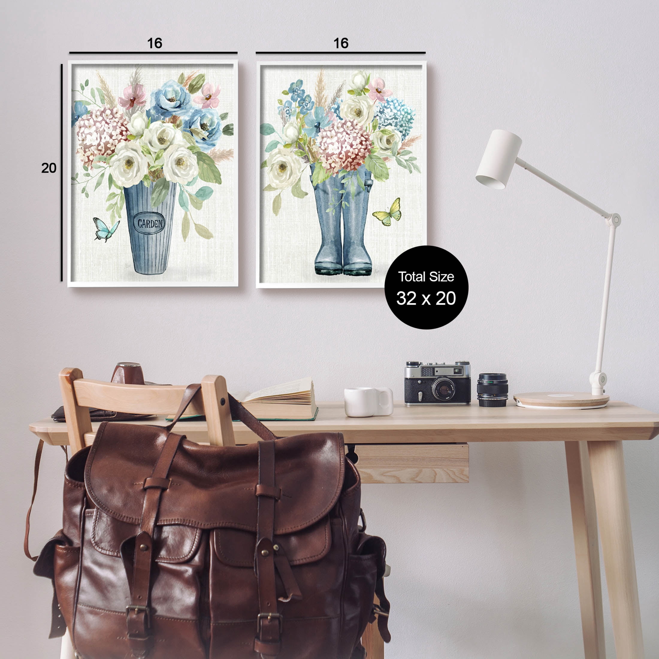 Country Garden Bouquets Rain Boots Botanical & Floral Graphic Art White Framed Art Print Wall Art, Set of 2