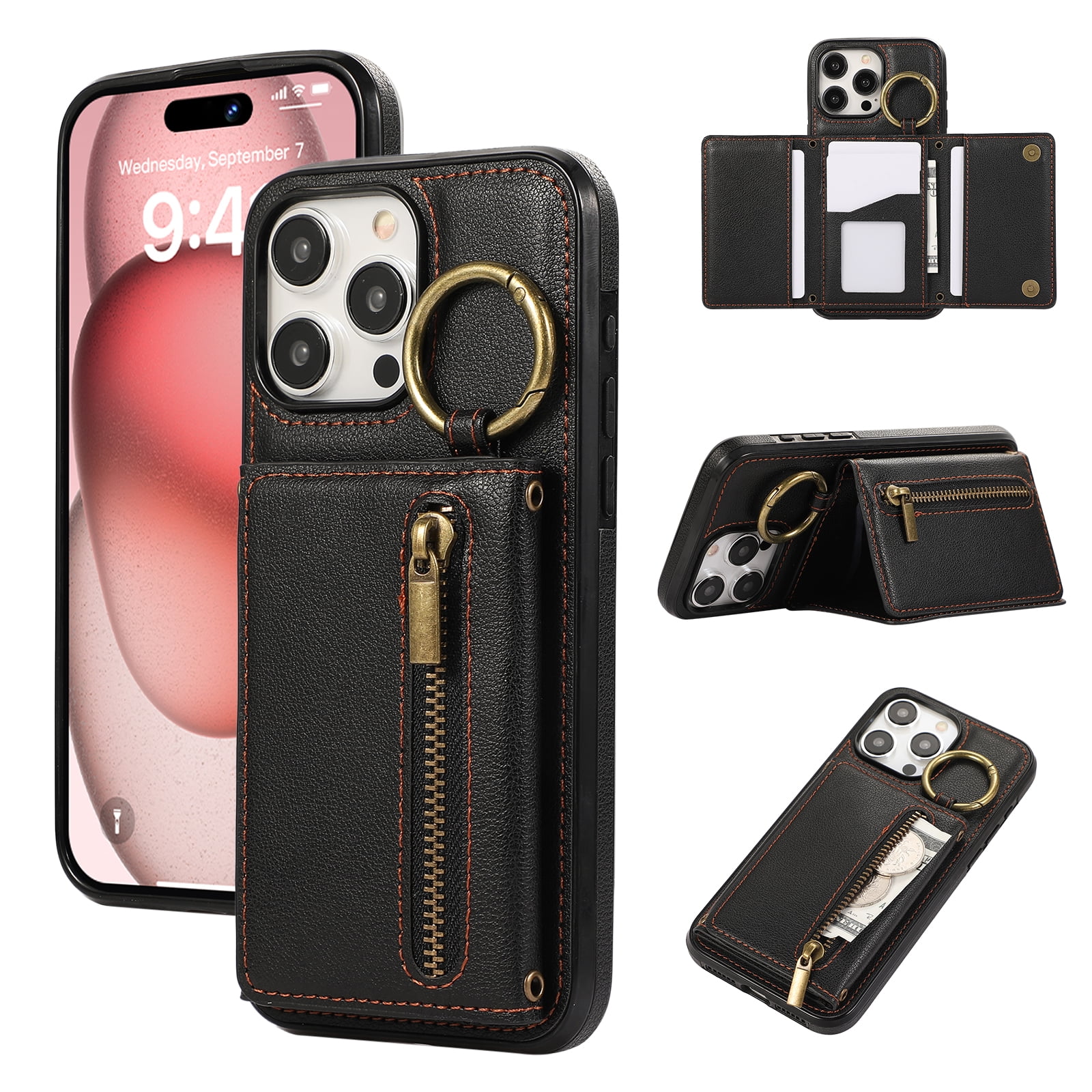 ELEHOLD Case for iPhone 15 Pro Max, Zipper Leather Wallet Crossbody Case with Detachable Ring Kickstand & Card Slots,Black
