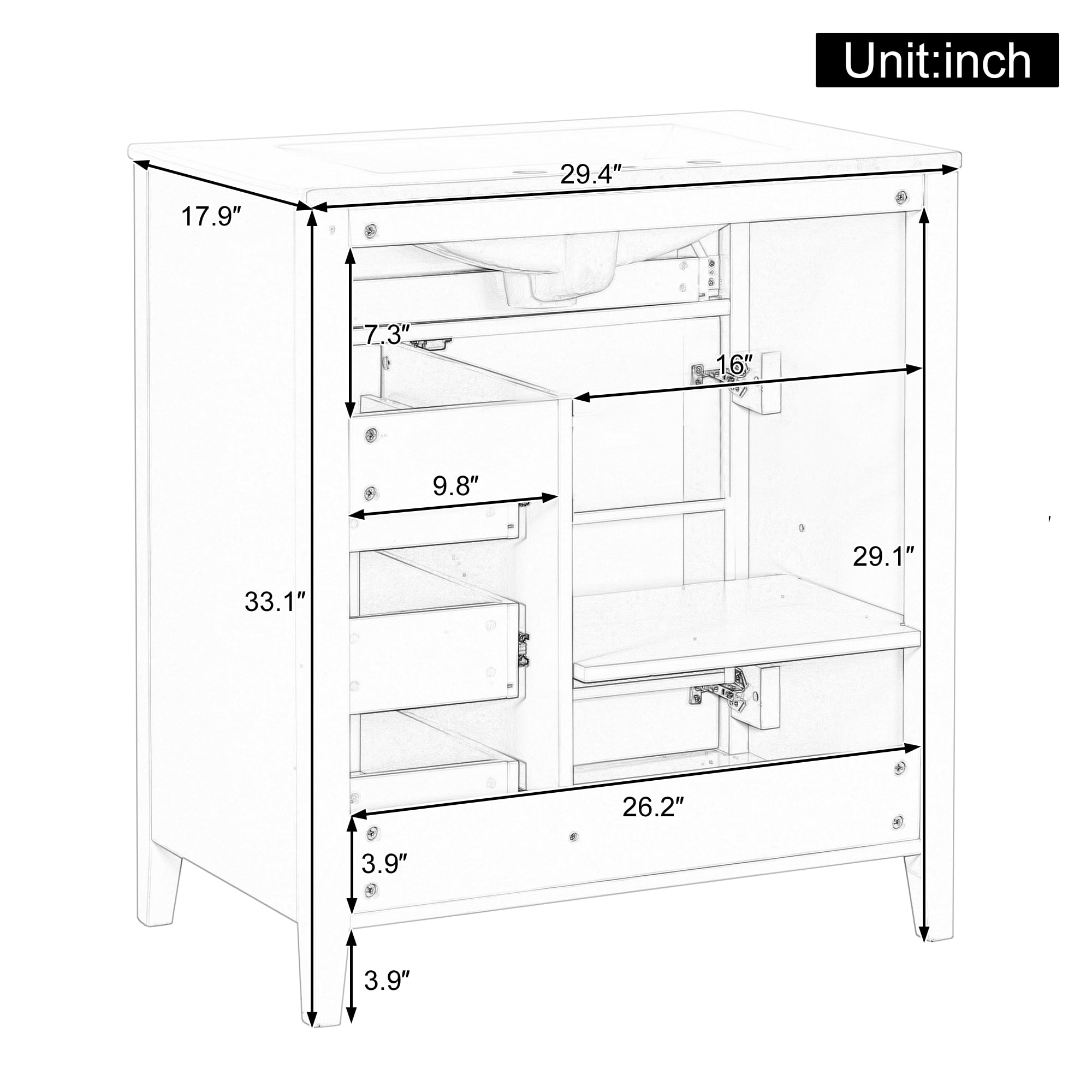 Anpport 30" Freestanding Bathroom Vanity with Sink, Modern MDF & Rubberwood Cabinet, 3 Drawers, Adjustable Shelf & Left‑Side Door, Blue Grey