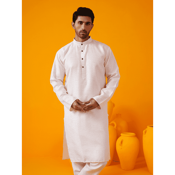 Sojanya (Since 1958) Men'S Silk Bend Krochet Thread Embroidered Pink Kurta With White Pyjama