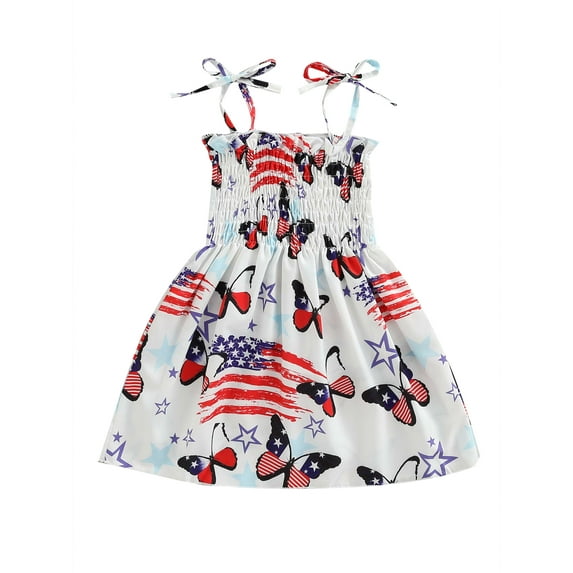 Qmyliery Toddler Summer A-line Dress, Girls Tie-up Smocked Butterfly/ Heart/ Star Stripe Print Spaghetti Strap One-piece