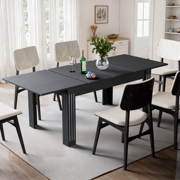 Extendable Kitchen Dining Table, 54"-85" Expandable Rectangular Dinner Table for 4-10 People, Modern Rectangular Dining Table with Sturdy Wood Frame & Waterproof Tabletop, Black