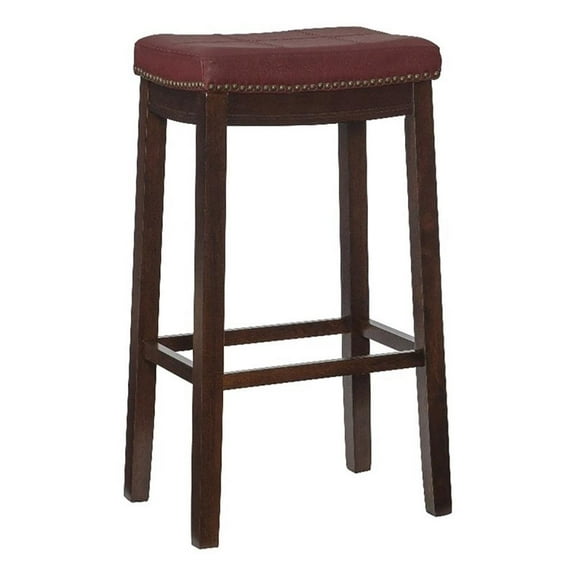 Pemberly Row 32" Transitional Wood/Faux Leather Bar Stool in Red