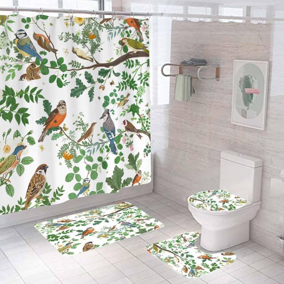 4PCS Wildflower Botanical Shower Curtain Sets, Waterproof Fabric Black Shower Curtain, Non-Slip Bath Mat Bathroom Rugs Vintage Botanical Herbs Leaves Floral Blossom Garden Nature Bathroom Decor