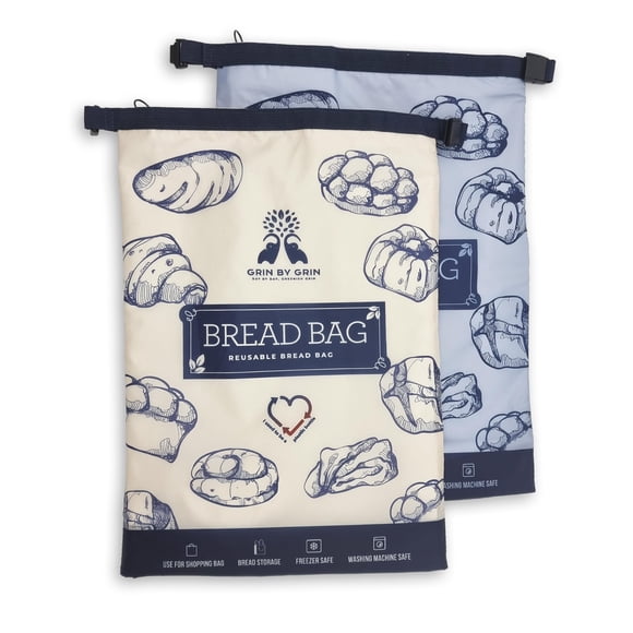 GRIN BY GRIN- Bread Bags 2 Pack Reusable Zipper Bags for Homemade Bread Sourdough Extra Large Freezer Storage
