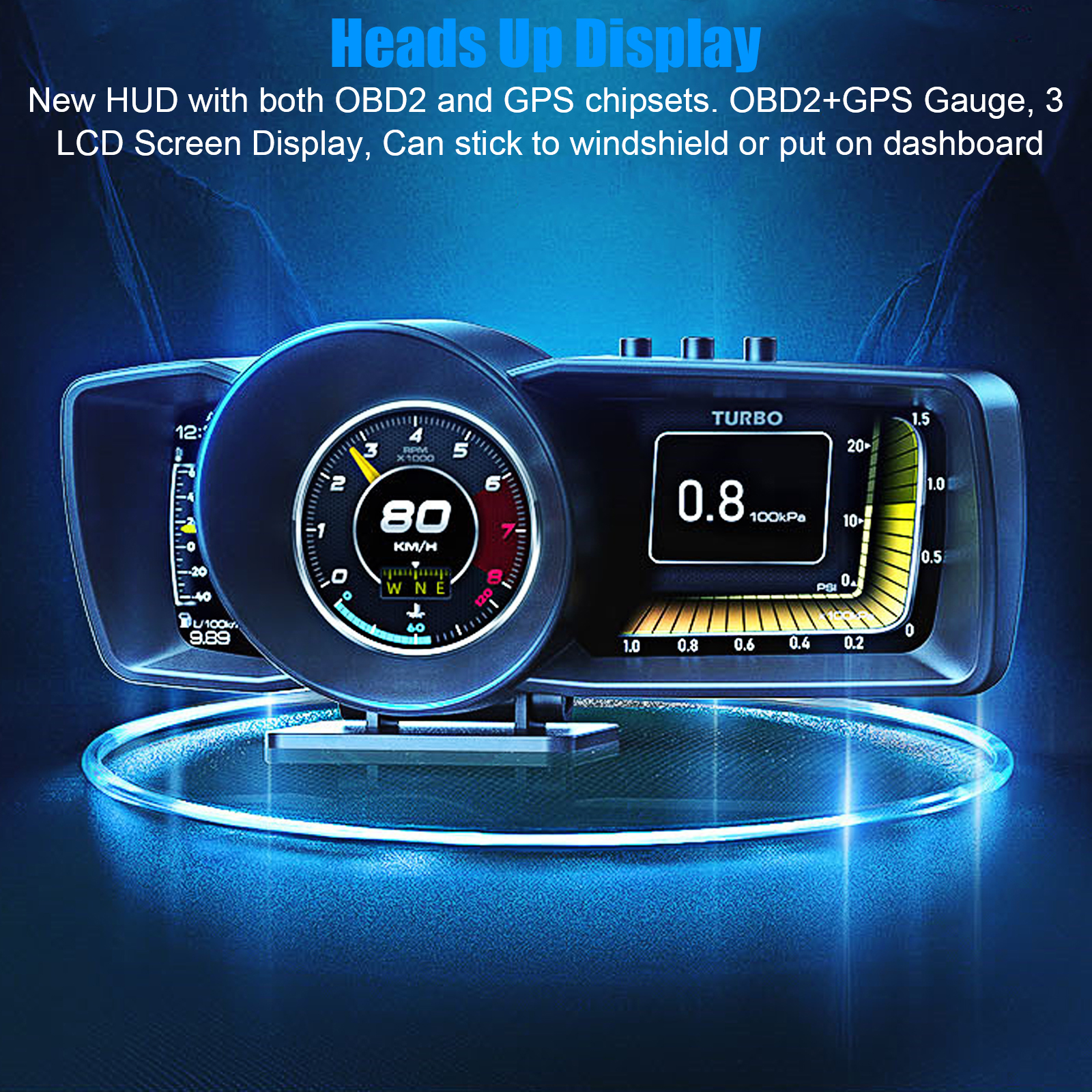 15w Support de charge de téléphone Hud Head-up Display Dual Mode Gps  Speedometer