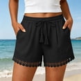 thumbnail image 2 of Yutgune Womens Cotton Linen Shorts Lace Trim Drawstring Elastic Waist Tassel Summer Beach Shorts with Pockets, 2 of 7