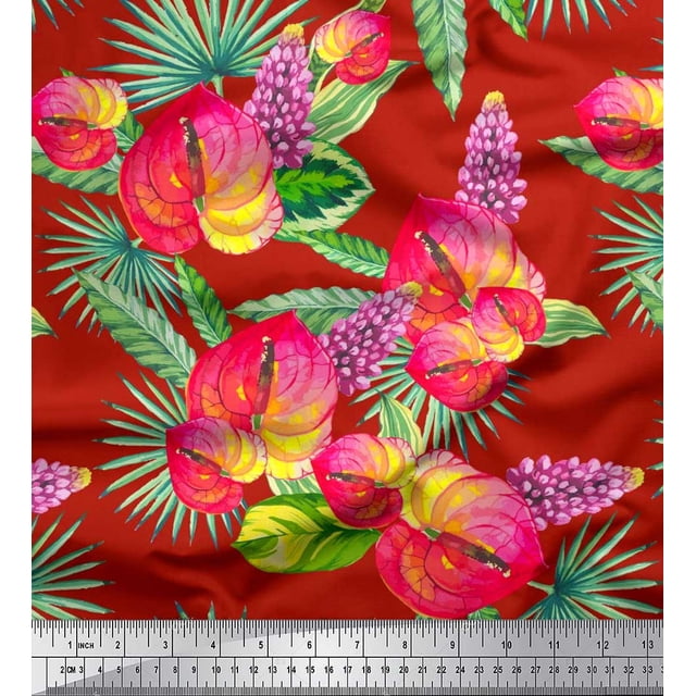 Soimoi Polyester Crepe Fabric Leaves,Laceleaf & Lupine Floral Print Fabric by Yard 52 Inch Wide