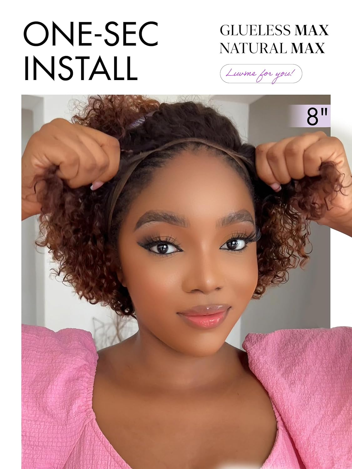 LUVME HD Lace Closure Kinky Curly Bob Wig 8" Ombre Mix Brown Human Hair Pre Cut Glueless C-Side Parted For Women