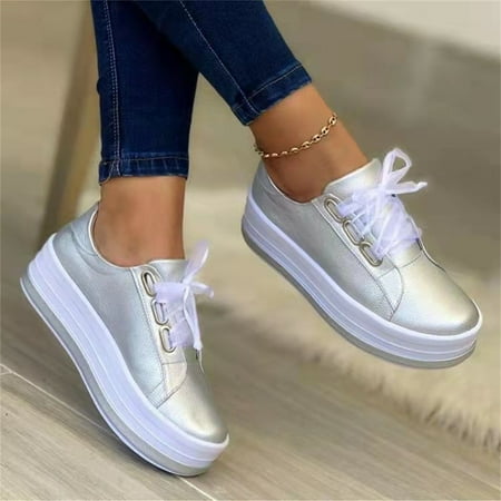 Sneakers For Women Clearance Sale Slip On Fashion Sneakers PU Leather Casual Low Top Lace up Shoes