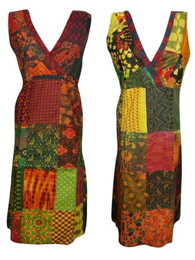 Mogul Boho Hippy DRESSES Red Yellow Cotton Patchwork Sleeveless Summer FESTIVAL Fashion Midi Dress M