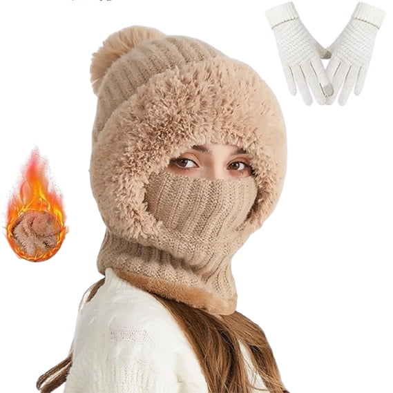 3-in-1 Beanie Hat for Women, Winter Knitted Beanie Hat with Scarf Attached, Mask Set Hooded Piece Windproof Warm Snow Cap, Women's Knitted Hat in Winter