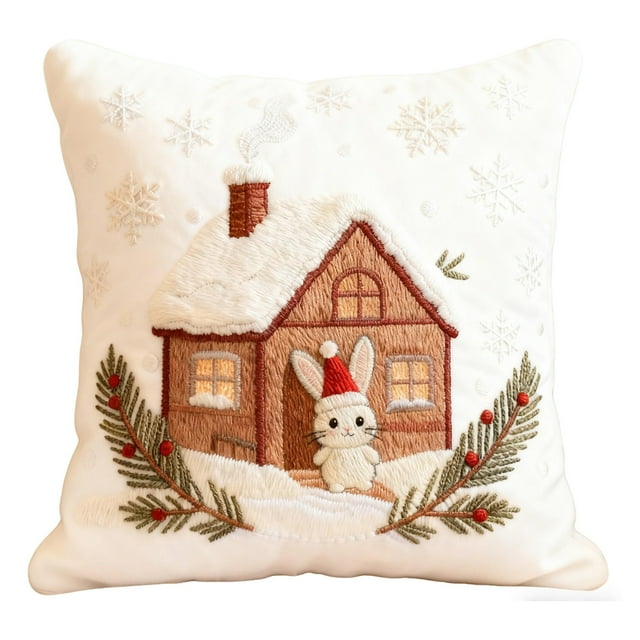 Funda de almohada bordada navideña, funda de cojín de sofá tejida con diseño de casita navideña, funda de almohada rústica con caja de regalo y acebo rojo, funda de cojín decorativa para sofá estilo