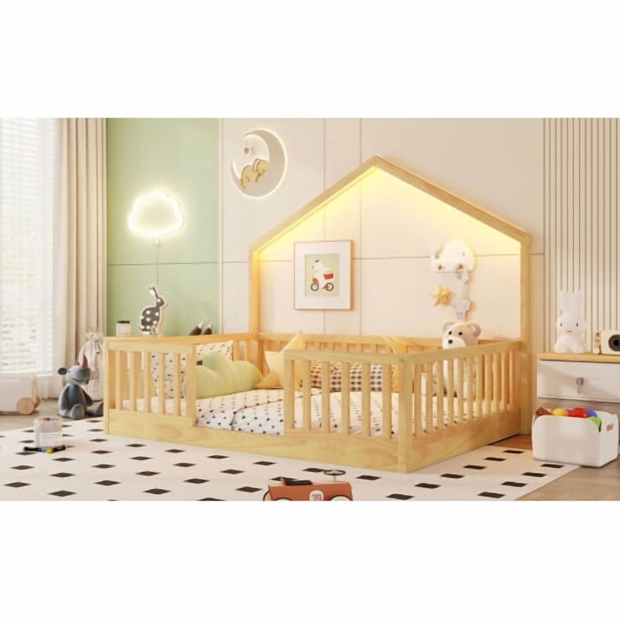 Full Size Montessori Kids Floor Bed with House Frame, LED Strip Light & High Safety Guardrails, Pine Wood Low Platform Bed Frame No Box Spring Needed, Max 300 LBS for Boys Girls