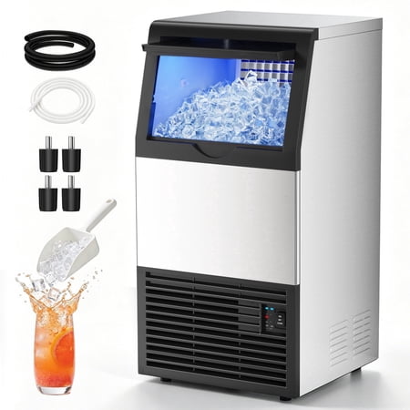 Ecojoy Commercial Under Counter Ice Maker, 100lbs/24H Ice Output, 33lbs Insulated Storage, Stainless Steel Built-in Freestanding Ice Machine with Self-Cleaning for Home Bar