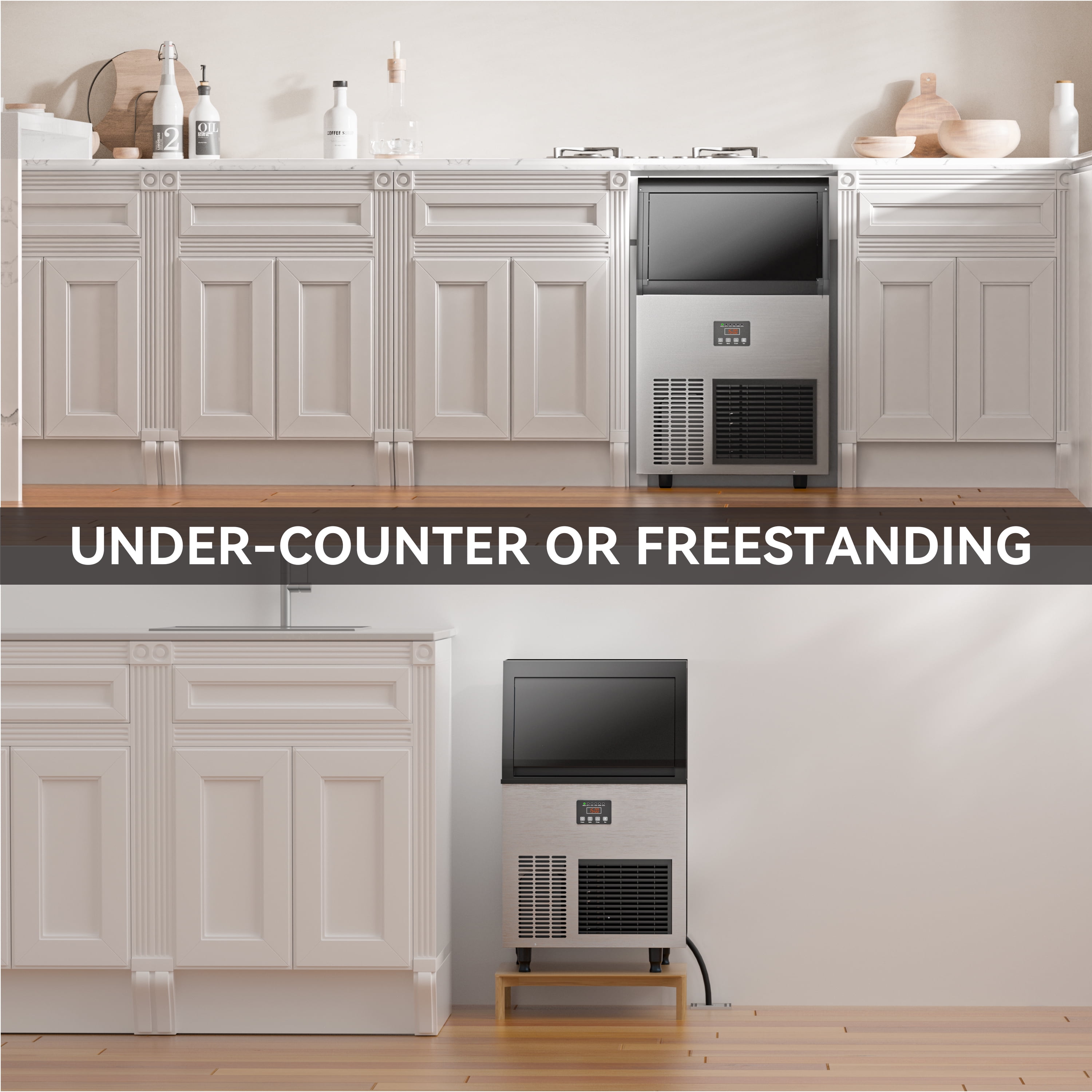 COOLAKE Commercial Ice Maker Machine 130lbs/24H, Under Counter Ice Machine with 34lbs Storage, 115V Air Cooled Stainless Steel Freestanding Ice Maker for Home Outdoor