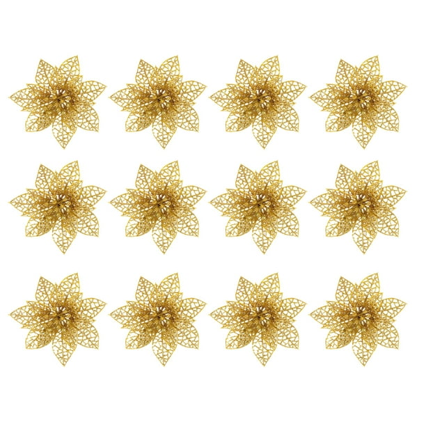 20 piezas de adornos de flores de Navidad ahuecan brillo adorno de flores artificiales de Navidad decoración de fiesta de Navidad (dorado)