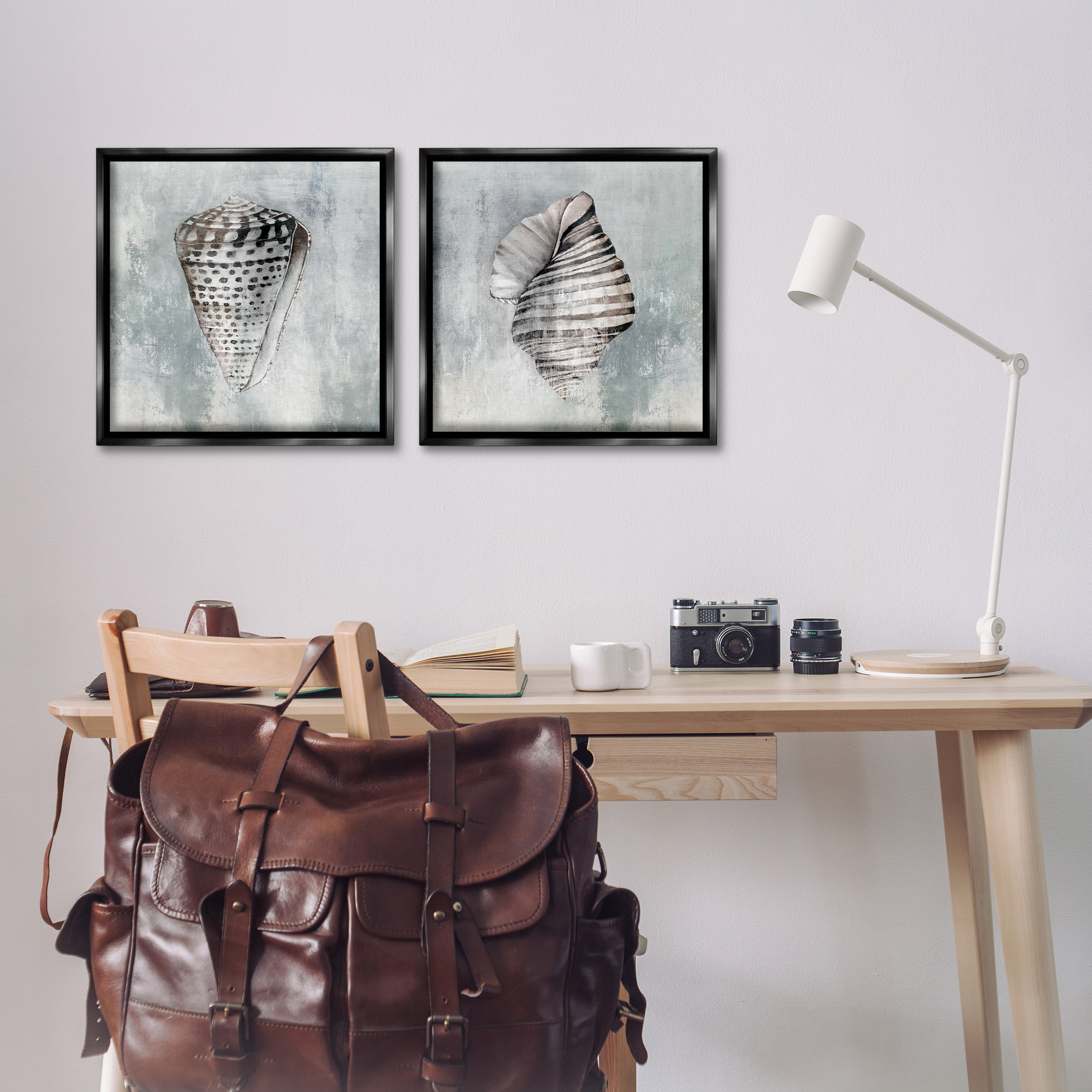 Stupell Industries Grey Distressed Cowrie Shells Nautical & Beach Painting Black Floater Framed Canvas Art Print Wall Art, 18 x 18, Set of 2