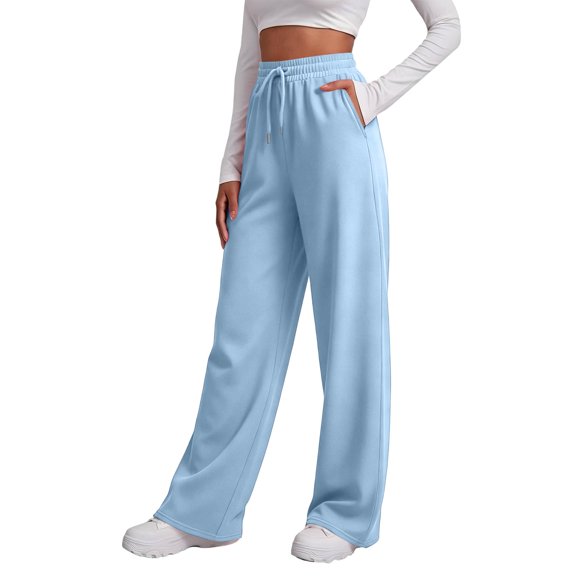 Womens Straight Leg Sweat Pants With Pockets Wide Leg Sweatpants High Waisted Baggy Interior Drawstring Joggers Light Blue L