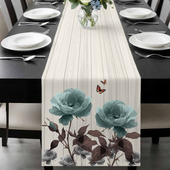 Teal Blue Floral Table Runner 120 Inches Long, Vintage Rustic Botanical Beige Wooden Kitchen Coffee Dining Table Decoration for Home Party Birthday Wedding Home Decor 13x120 Inches