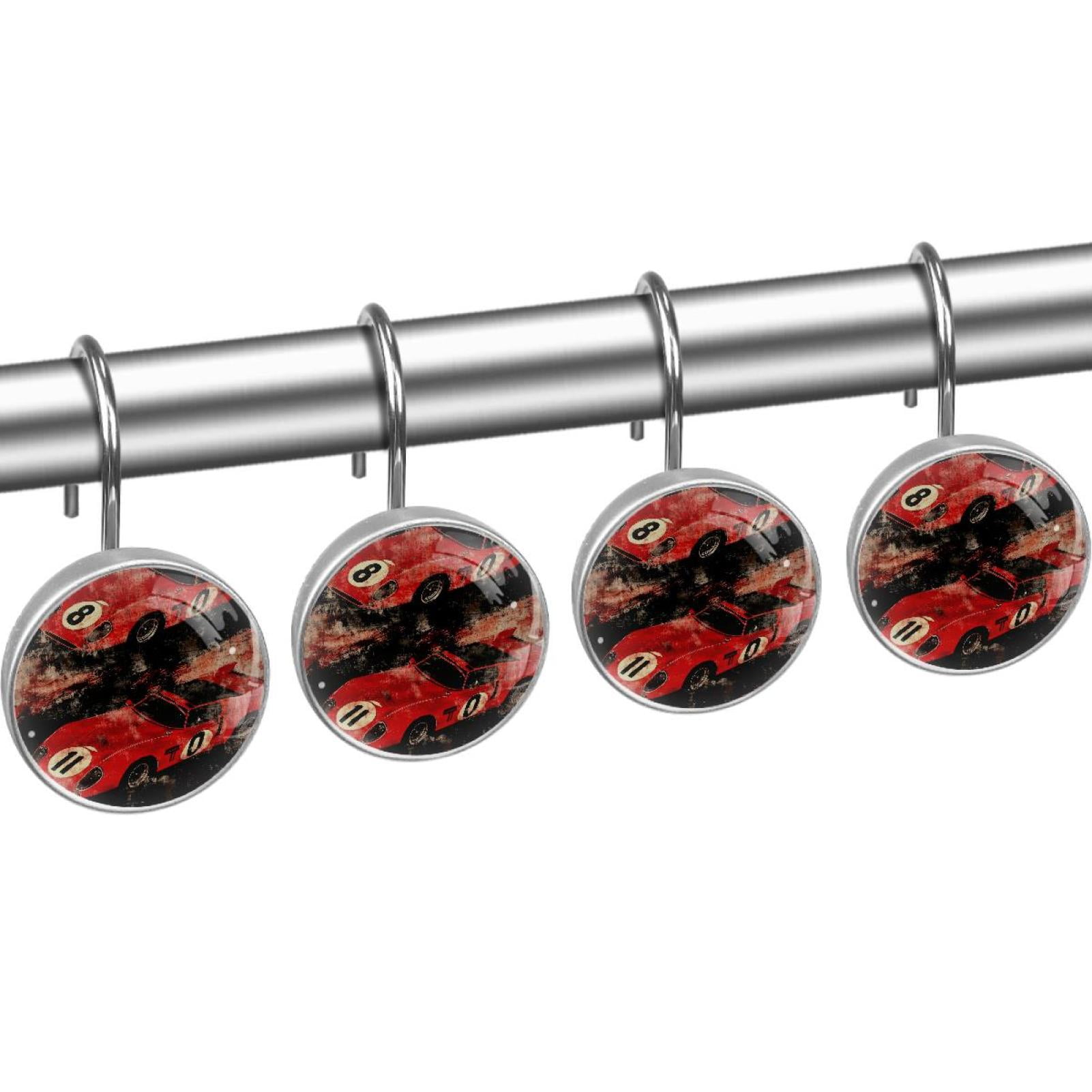 Red Racing Cars Grunge Black Shower Curtain Hooks Round Crystal Glass, Set of 12 Shower Curtain Rings - Shower Hooks for Curtain Shower Rings