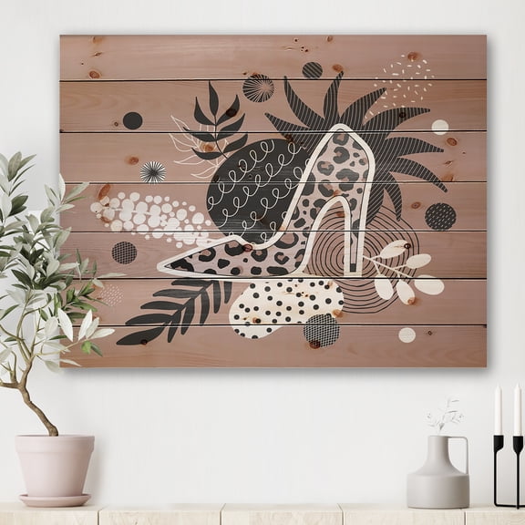 Designart 'Leopard High-Heeled Shoes On Tropical Leaves' Modern Print on Natural Pine Wood