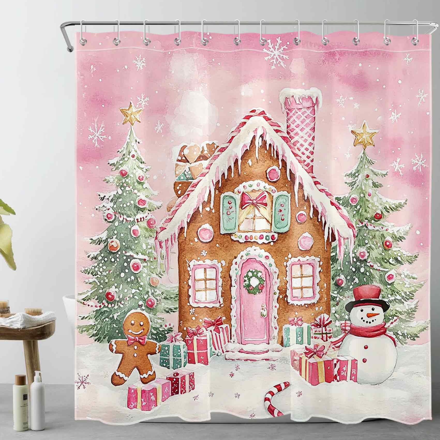 NEONWE Pink Christmas Gingerbread House Shower Curtain Christmas Trees Winter Cute Candy Snowman Bathroom Shower Curtain Decor Polyester Waterproof Fabric with 12 Pack Plastic Hook 72" X 72"